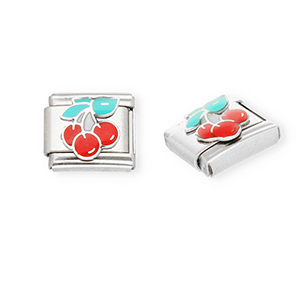 Stainless Steel - Rostfrei Stahl Italian Charm Element Cherries Silver-red-green