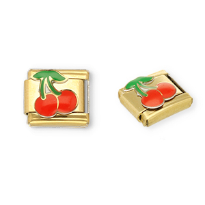 Stainless Steel - Rostfrei Stahl Italian Charm Element Cherries Gold-red-green