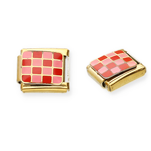 Stainless Steel - Rostfrei Stahl Italian Charm Element Chequered Gold-pink-red