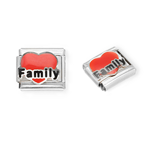 Stainless Steel - Rostfrei Stahl Italian Charm Element Heart "Family" Silver-red-black