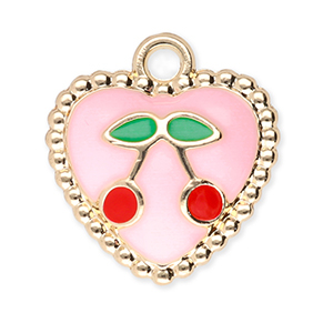 Anh&auml;nger Metall Heart with Cherries Gold-light pink-red-green