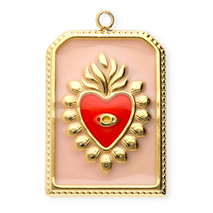 Anh&auml;nger aus Stainless Steel - Rostfreiem Stahl Rectangle with Heart Gold-vintage pink-red