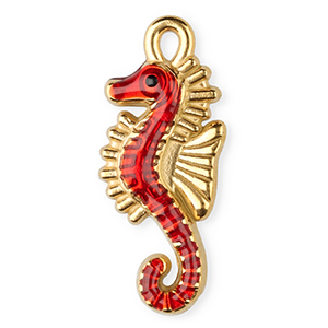 Anh&auml;nger aus Stainless Steel - Rostfreiem Stahl Enamel Seahorse Gold-red-black