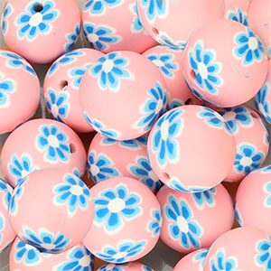 Silikonperlen 18&nbsp;mm Round with hand-painted Flowers Pink-dark blue-white