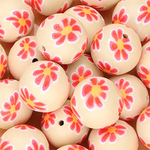 Silikonperlen 18&nbsp;mm Round with hand-painted Flowers Nude beige-neon pink-orange